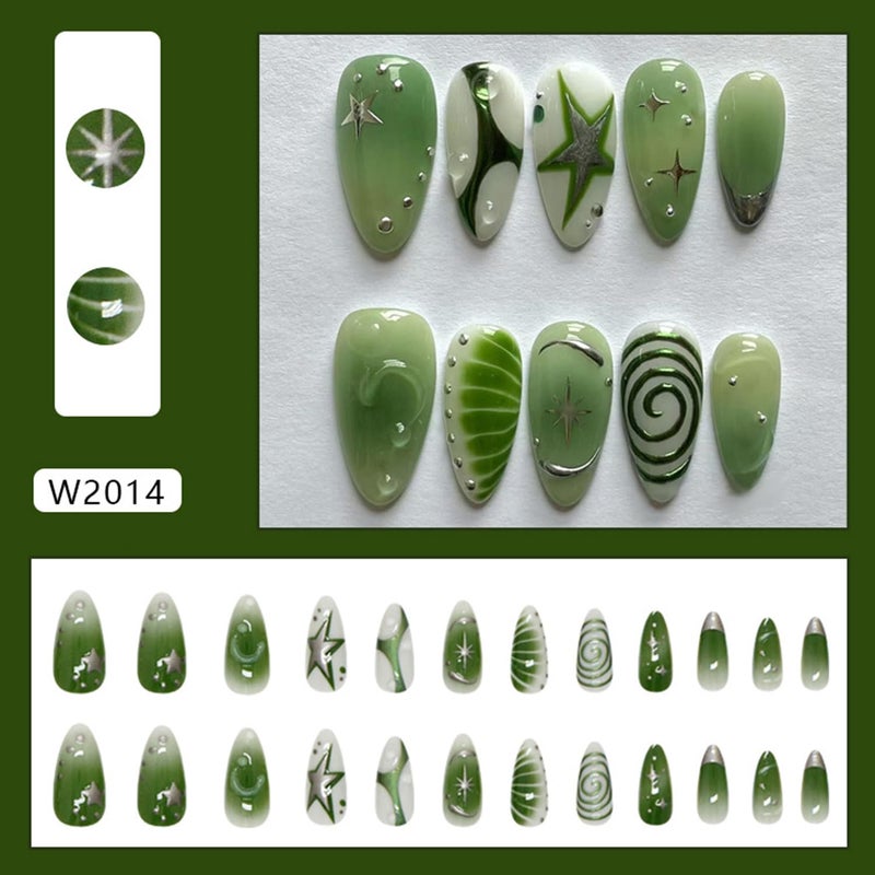 CJDLTS Press on Nails Medium Almond Shaped Artificial Acrylic Nails French 3D Gradient Silver Star with Steel Balls Stick on Nail Full Cover Glue on Nail Artificial Fingernails for Women Manicure - Image 3